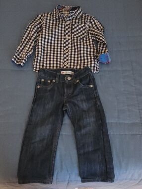 Boys Navy & White Plaid Button-Up Shirt with Levis 514 Dark Wash Jeans